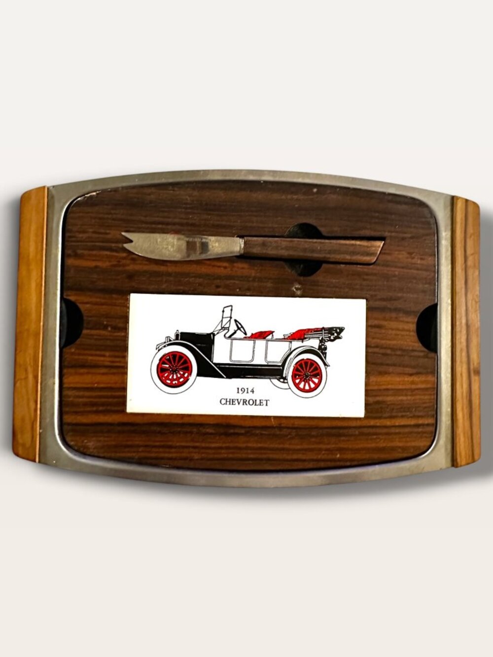 Vintage 1973-74 Chevrolet Technician Award Cheese Board With Knife & 1914 Chevy